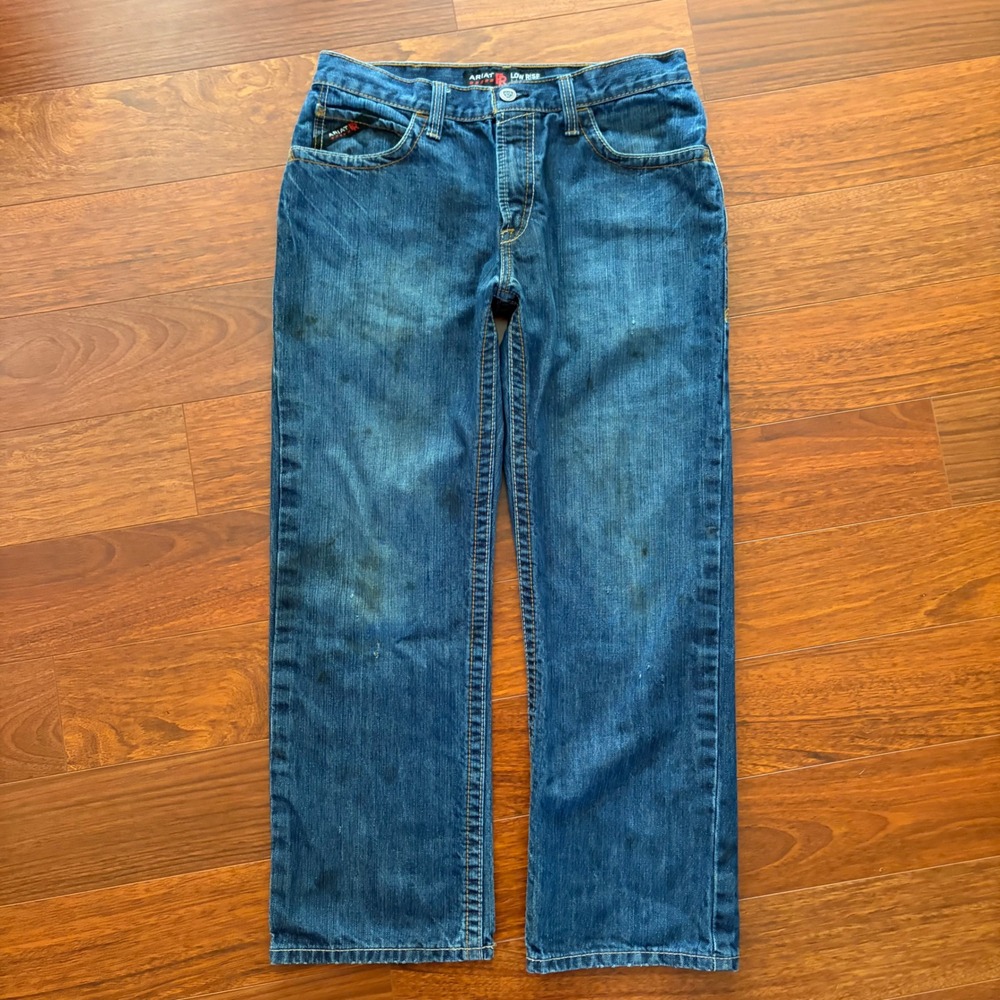 Ariat Mens FR M4 Low Rise Boot Cut Jeans 33x30 Blue Flame Resistant Work Denim